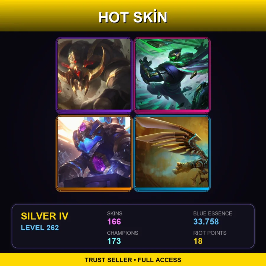 SG | Conqueror Alistar | Conqueror Jax | Hextech Rammus | Hextech Anivia | 166 Skin | 173 Champ | Silver IV | Lv262