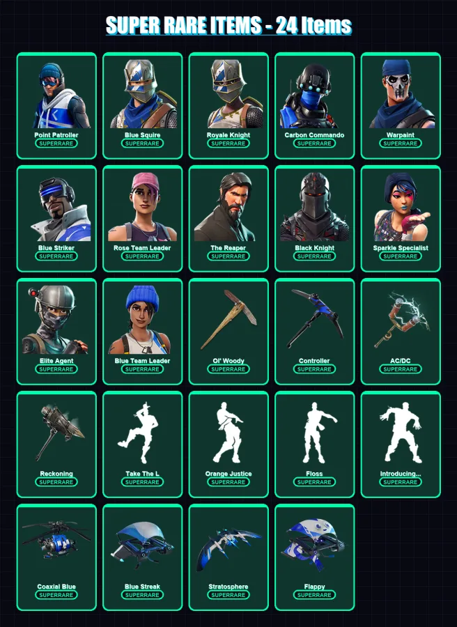 [PS4/PS5/XBOX/PC] | Point Patroller | Blue Squire | Royale Knight | Carbon Commando | Warpaint | 92 skin | 99 pickaxe | 91 emote | 102 glider | Lv14