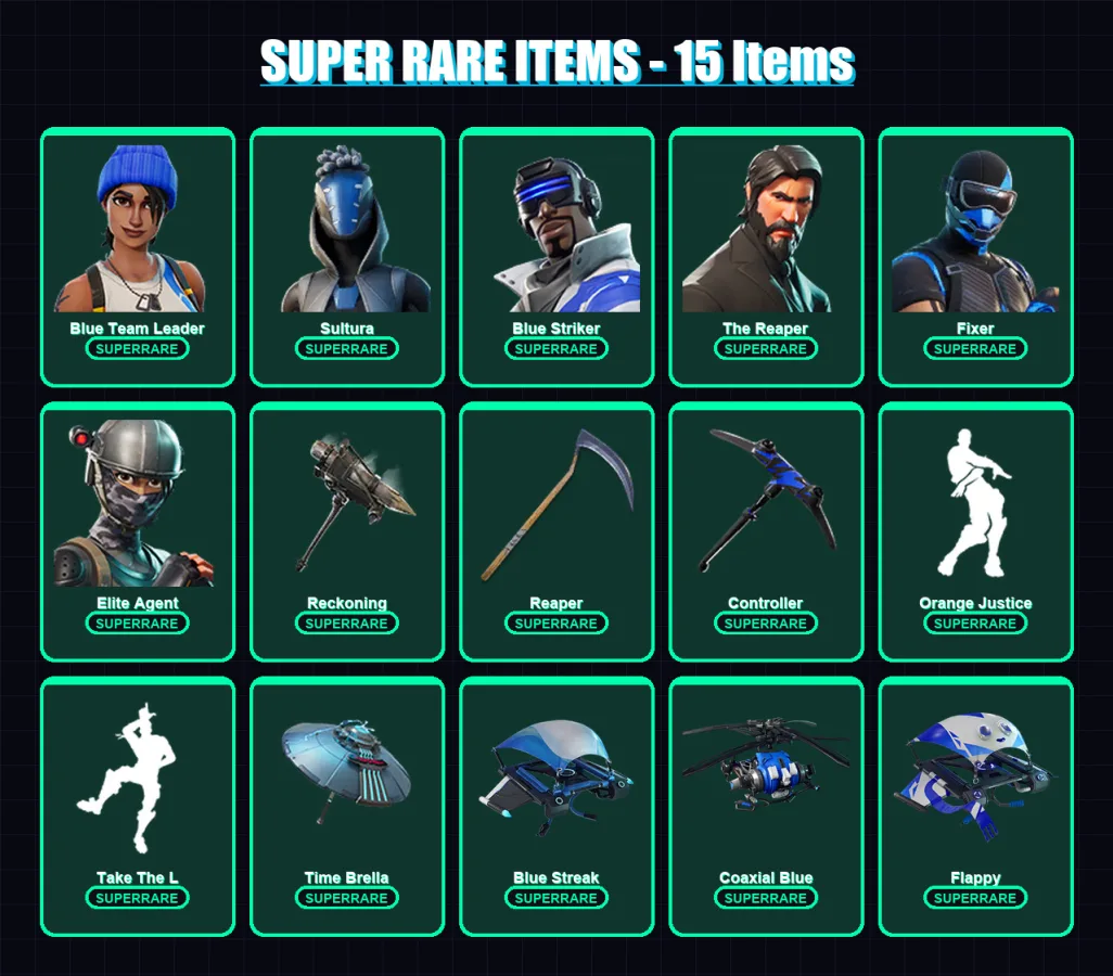 [PS4/PS5/XBOX/PC] | Blue Team Leader | Sultura | Blue Striker | The Reaper | Fixer | 96 skin | 73 pickaxe | 96 emote | 79 glider | Lv1106
