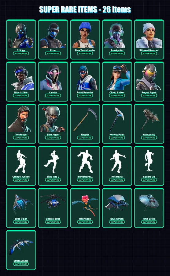 [PS4/PS5/PC] | Trilogy | Fixer | Blue Team Leader | Breakpoint | Blizzard Bomber | 162 skin | 167 pickaxe | 158 emote | 145 glider | Lv2054