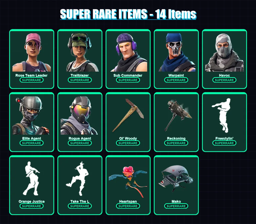 [PC/XBOX/PSN] | Rose Team Leader | Trailblazer | Sub Commander | Warpaint | Havoc | 48 skin | 30 pickaxe | 29 emote | 34 glider | Lv405