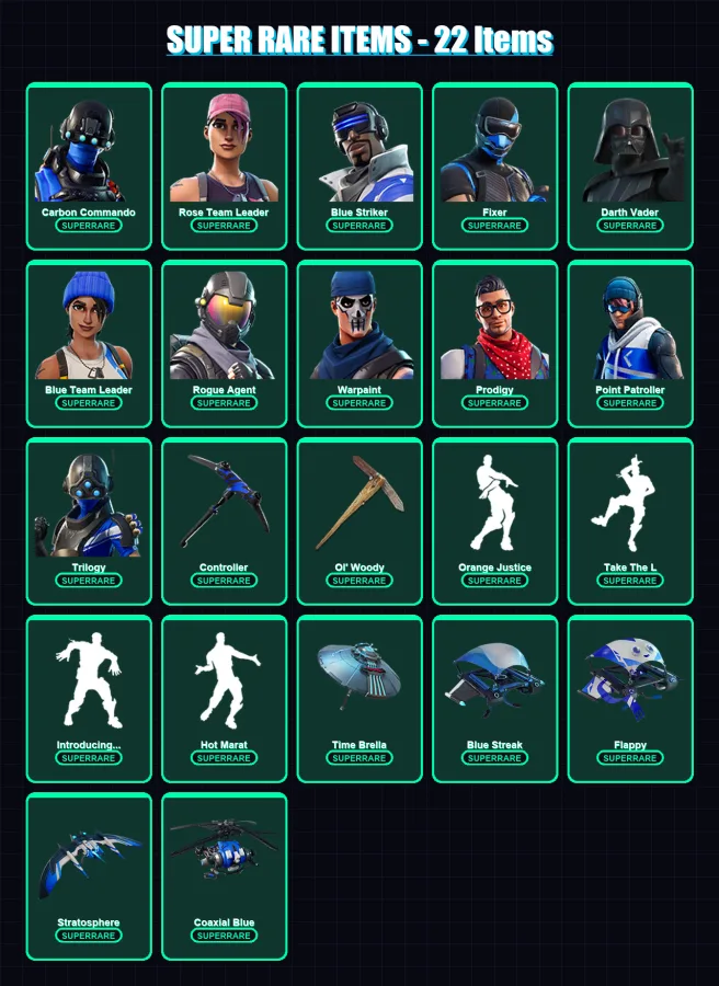 [PC] | Carbon Commando | Rose Team Leader | Blue Striker | Fixer | Darth Vader | 182 skin | 174 pickaxe | 153 emote | 149 glider | Lv2326