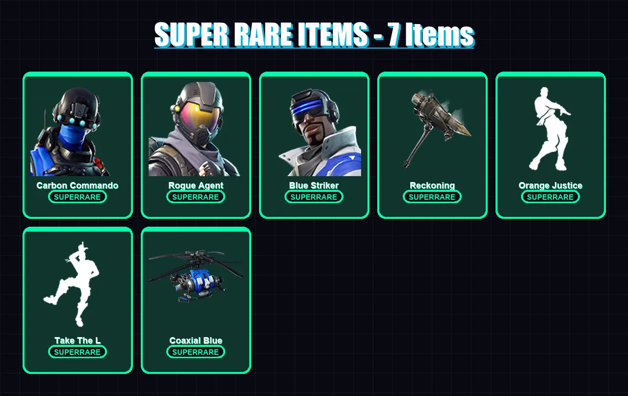 [PS4/PS5/XBOX/PC] | Carbon Commando | Rogue Agent | Blue Striker | Carbide | The Visitor | 29 skin | 14 pickaxe | 18 emote | 18 glider | Lv289