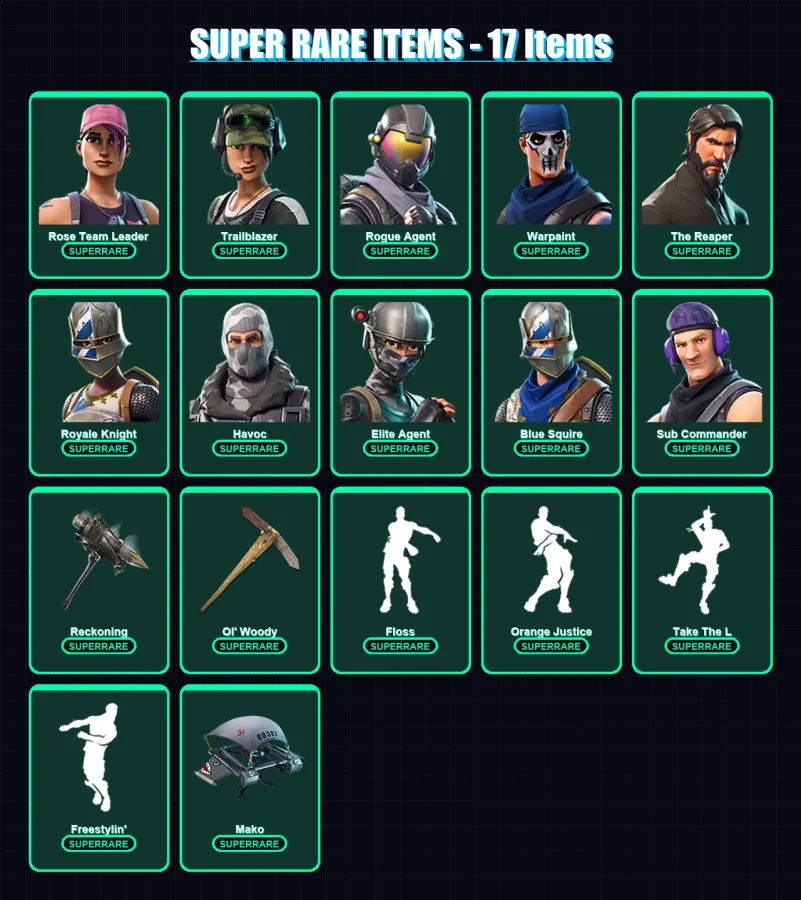 [PS4/PS5/PC] | Rose Team Leader | Trailblazer | Rogue Agent | Warpaint | The Reaper | 32 skin | 36 pickaxe | 33 emote | 35 glider | Lv410