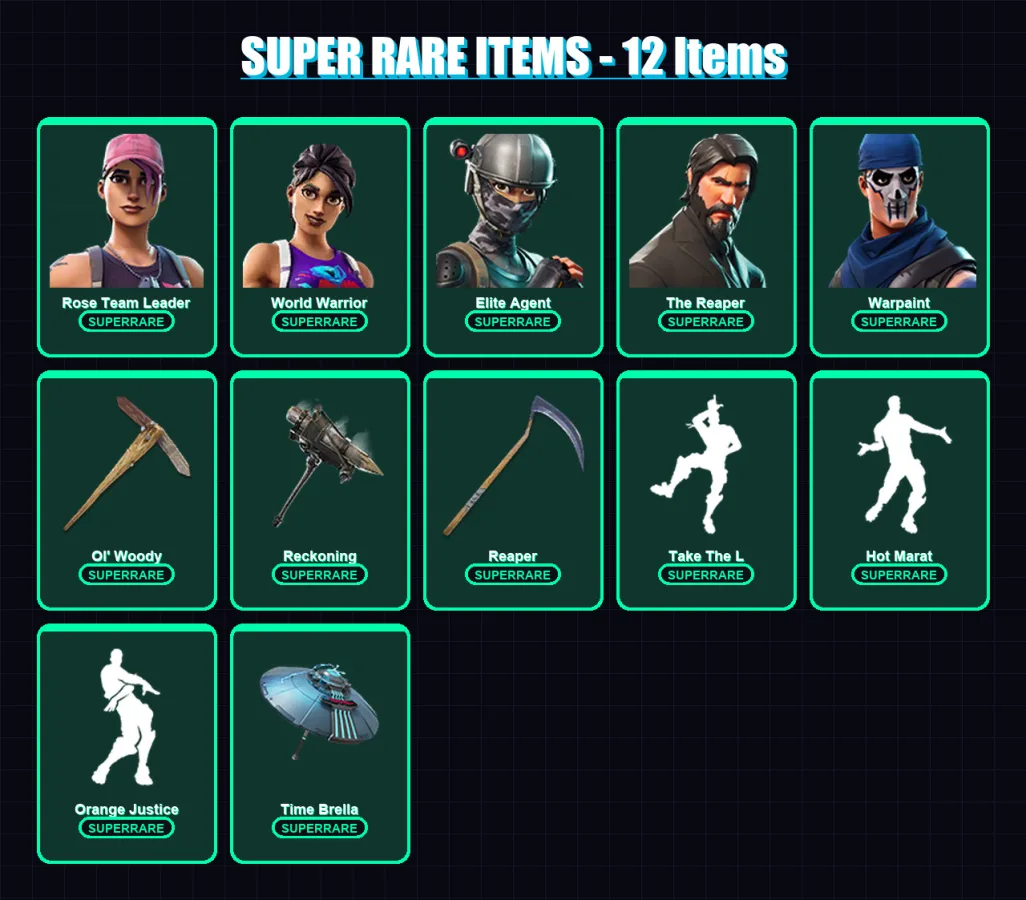 [PC/XBOX] | Rose Team Leader | World Warrior | Elite Agent | The Reaper | Warpaint | 124 skin | 116 pickaxe | 96 emote | 119 glider | Lv1651