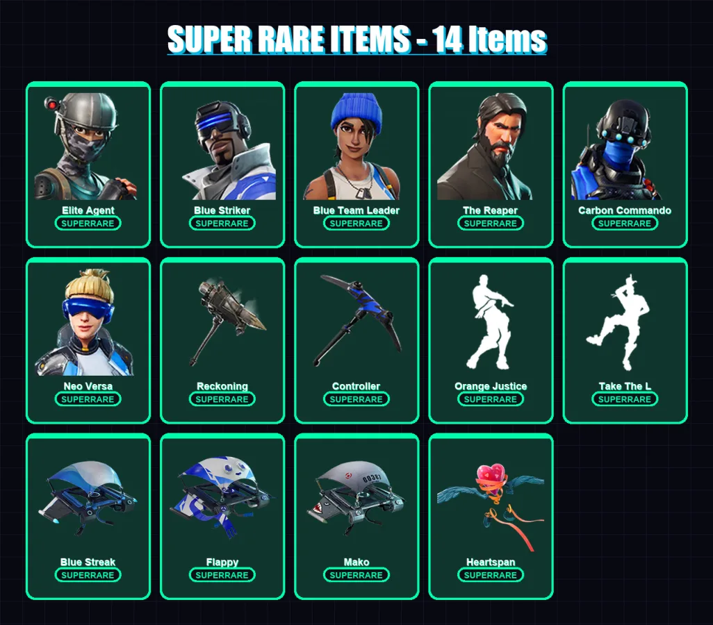 [PC/XBOX] | Elite Agent | Blue Striker | Blue Team Leader | The Reaper | Carbon Commando | 113 skin | 94 pickaxe | 88 emote | 95 glider | Lv1336