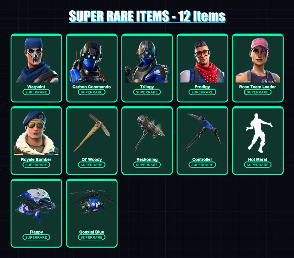 [PS4/PS5/XBOX/PC] | Warpaint | Carbon Commando | Trilogy | Prodigy | Rose Team Leader | 47 skin | 39 pickaxe | 44 emote | 47 glider | Lv747 — Fortnite account