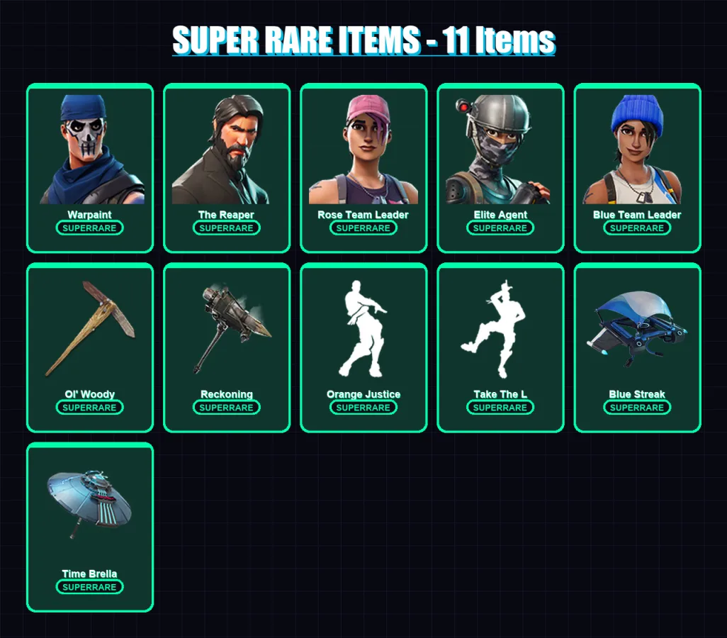 [PC/XBOX/PSN] | Warpaint | The Reaper | Rose Team Leader | Elite Agent | Blue Team Leader | 204 skin | 210 pickaxe | 184 emote | 170 glider | Lv2238