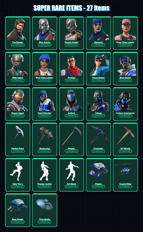[PC/XBOX/PSN] | The Reaper | Blue Squire | Royale Knight | Warpaint | Rose Team Leader | 248 skin | 225 pickaxe | 203 emote | 180 glider | Lv2312