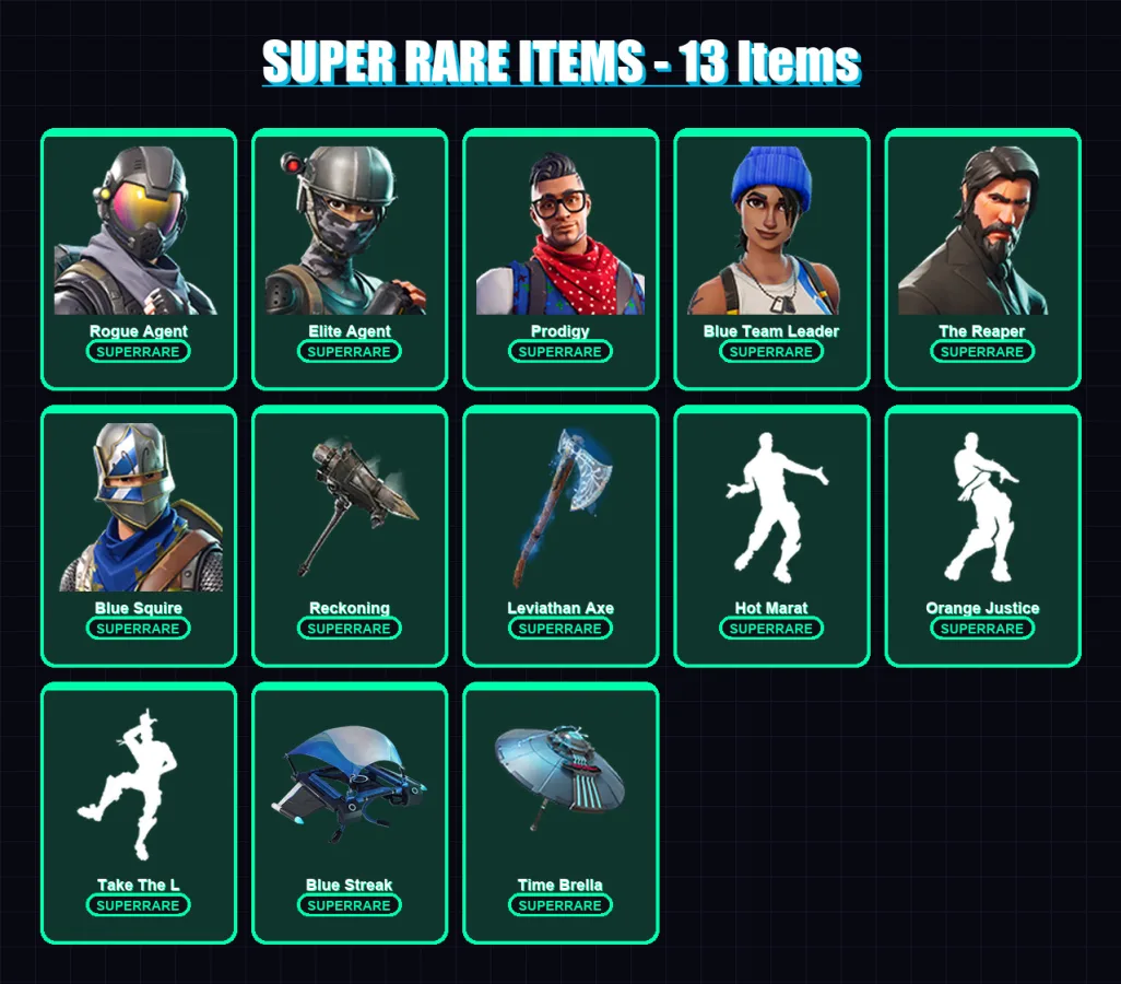 [PS4/PS5/PC] | Rogue Agent | Elite Agent | Prodigy | Blue Team Leader | The Reaper | 109 skin | 99 pickaxe | 109 emote | 94 glider | Lv1058