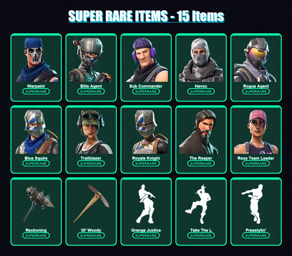 [PC/XBOX/PSN] | Warpaint | Elite Agent | Sub Commander | Havoc | Rogue Agent | 36 skin | 34 pickaxe | 37 emote | 31 glider | Lv375