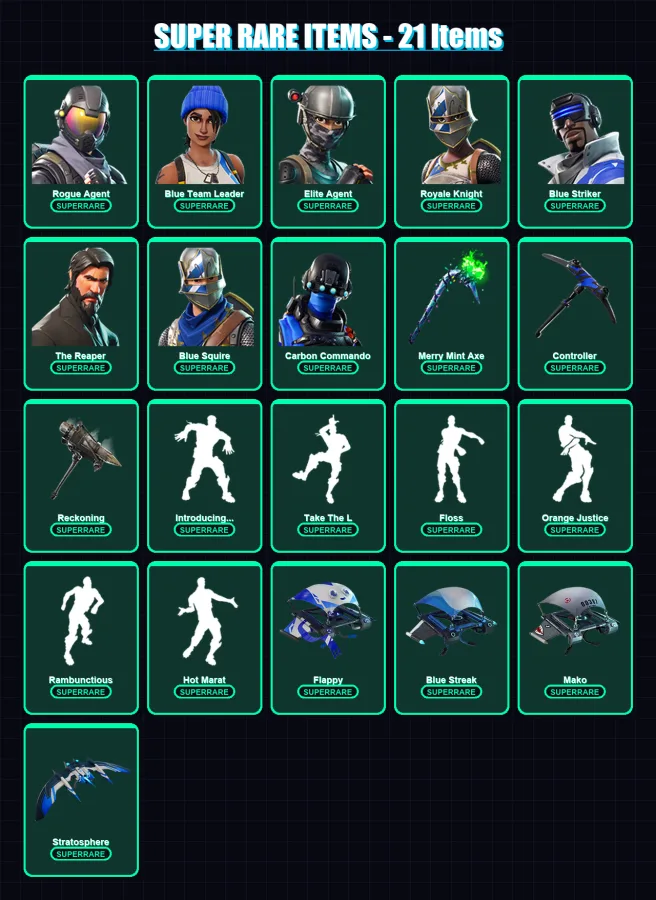 [PS4/PS5/XBOX/PC] | Rogue Agent | Blue Team Leader | Elite Agent | Royale Knight | Blue Striker | 94 skin | 62 pickaxe | 97 emote | 78 glider | Lv98
