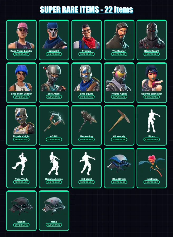 [PC] | Rose Team Leader | Warpaint | Prodigy | The Reaper | Black Knight | 92 skin | 88 pickaxe | 95 emote | 75 glider | Lv889