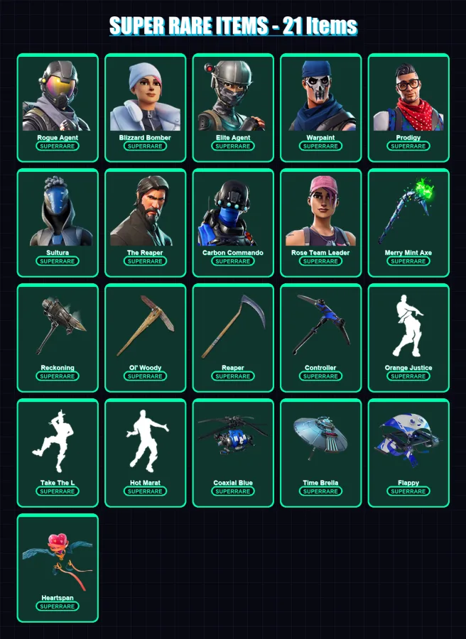 [PS4/PS5/XBOX/PC] | Rogue Agent | Blizzard Bomber | Elite Agent | Warpaint | Prodigy | 163 skin | 147 pickaxe | 143 emote | 132 glider | Lv2119