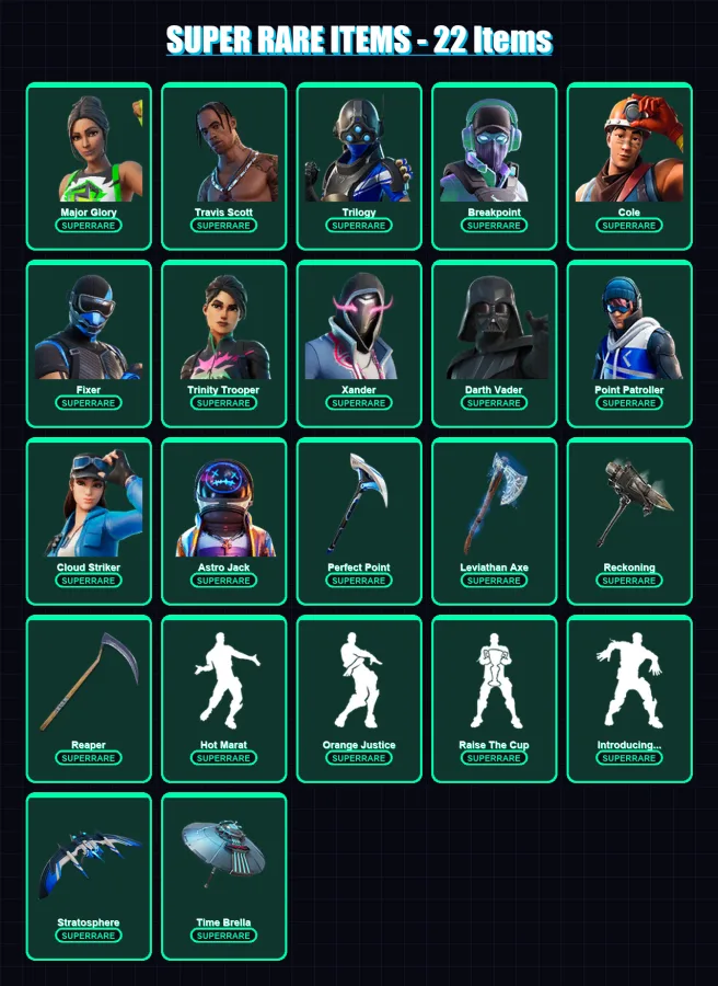 [PC/XBOX] | Major Glory | Travis Scott | Trilogy | Breakpoint | Cole | 336 skin | 329 pickaxe | 340 emote | 236 glider | Lv4470