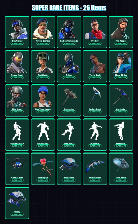 [PC/XBOX] | Blue Striker | Royale Bomber | Carbon Commando | Prodigy | The Reaper | 118 skin | 117 pickaxe | 107 emote | 110 glider | Lv1948