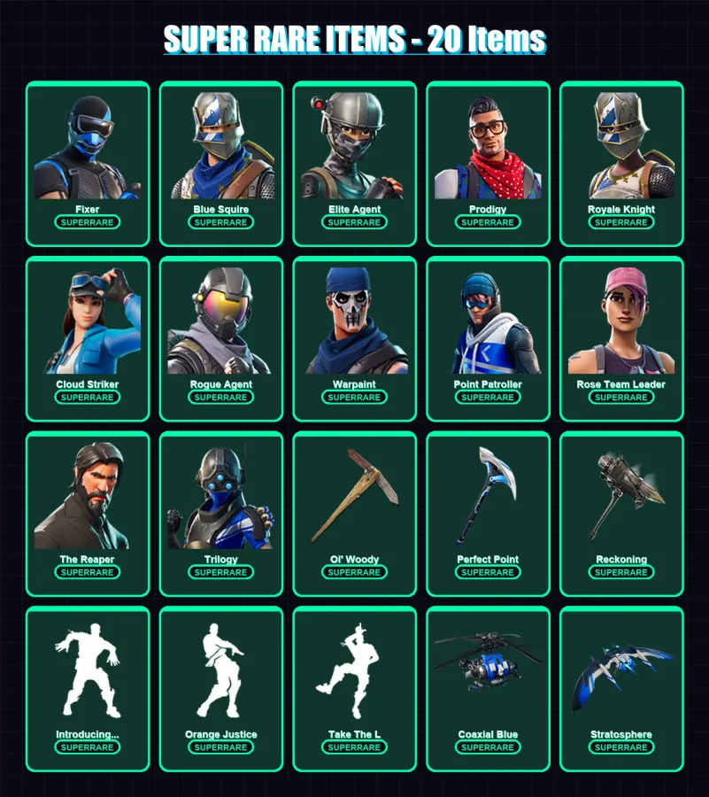 [PS4/PS5/XBOX/PC] | Fixer | Blue Squire | Elite Agent | Prodigy | Royale Knight | 97 skin | 83 pickaxe | 85 emote | 86 glider | Lv1095