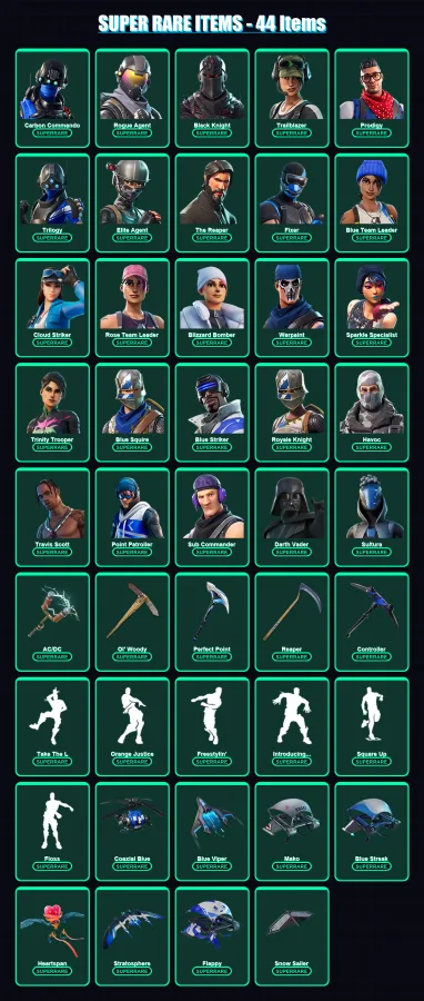 [PS4/PS5/XBOX/PC] | Carbon Commando | Rogue Agent | Black Knight | Trailblazer | Prodigy | 394 skin | 310 pickaxe | 274 emote | 218 glider | Lv2837
