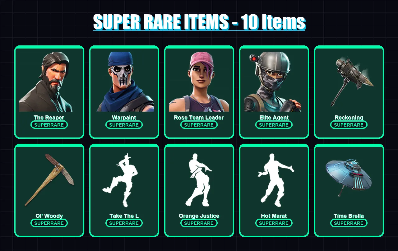 [PC/XBOX] | The Reaper | Warpaint | Rose Team Leader | Elite Agent | Hybrid | 50 skin | 97 pickaxe | 65 emote | 81 glider | Lv1155
