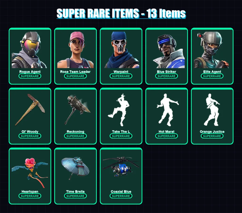 [PC] | Rogue Agent | Rose Team Leader | Warpaint | Blue Striker | Elite Agent | 183 skin | 186 pickaxe | 148 emote | 175 glider | Lv1822