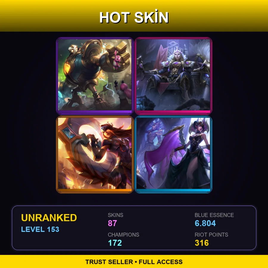 EUNE | Lv153 | Unranked | 87 Skin | 172 Champ — LoL account