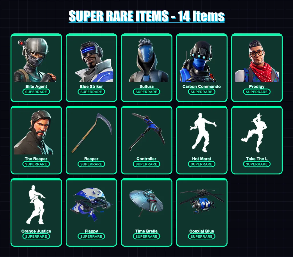 [PS4/PS5/XBOX/PC] | Elite Agent | Blue Striker | Sultura | Carbon Commando | Prodigy | 109 skin | 120 pickaxe | 95 emote | 108 glider | Lv1260