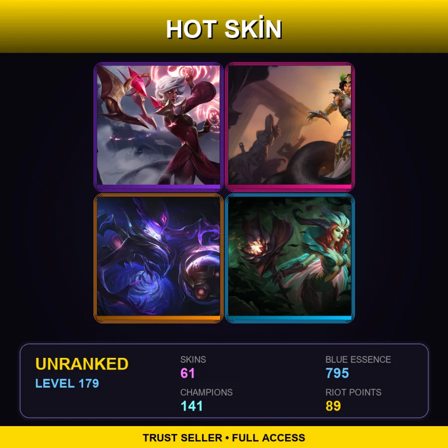 EUW | Conqueror Karma | Mythic Cassiopeia | Dark Star Orianna | Elderwood LeBlanc | 61 Skin | 141 Champ | Lv179