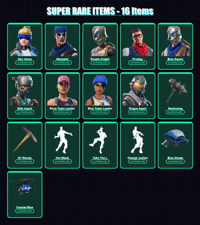 [PS4/PS5/XBOX/PC] | Neo Versa | Warpaint | Royale Knight | Prodigy | Blue Squire | 41 skin | 27 pickaxe | 37 emote | 38 glider | Lv406