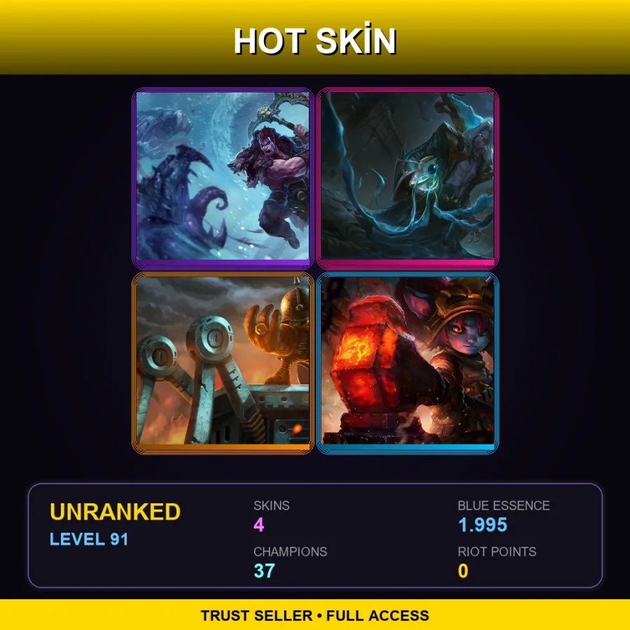 EUW | Lv91 | Unranked | 4 Skin | 37 Champ — LoL account