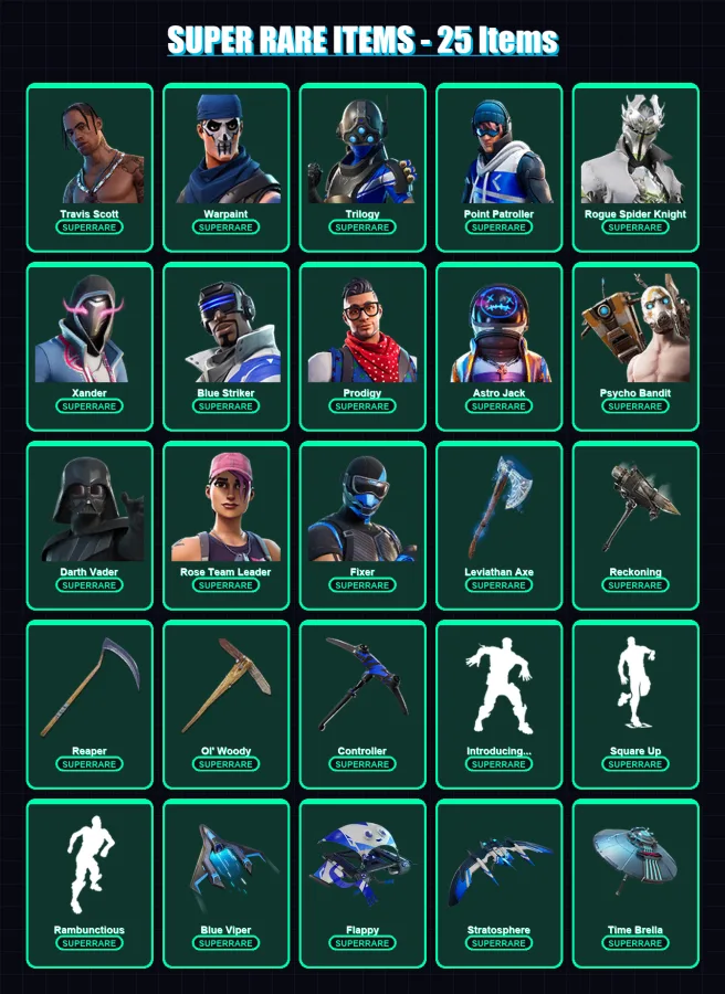 [PC] | Travis Scott | Warpaint | Trilogy | Point Patroller | Rogue Spider Knight | 273 skin | 260 pickaxe | 225 emote | 199 glider | Lv3310 — Fortnite account