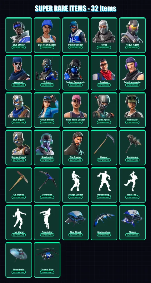 [PC/XBOX] | Blue Striker | Blue Team Leader | Point Patroller | Havoc | Rogue Agent | 168 skin | 117 pickaxe | 126 emote | 106 glider | Lv1367