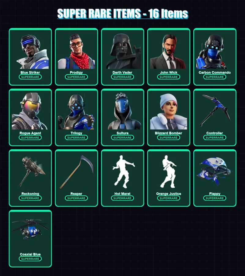 [PS4/PS5/XBOX/PC] | Blue Striker | Prodigy | Darth Vader | John Wick | Carbon Commando | 238 skin | 223 pickaxe | 155 emote | 177 glider | Lv2124