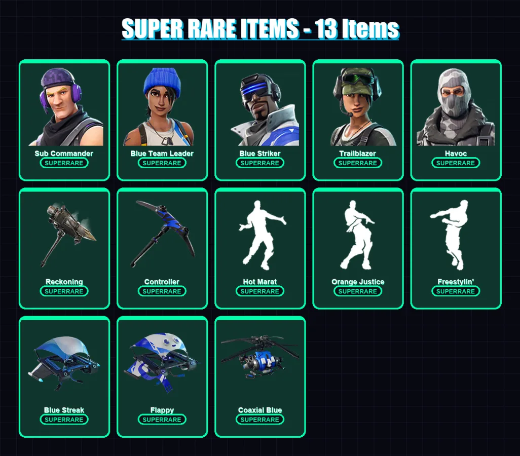 [PS4/PS5/XBOX/PC] | Sub Commander | Blue Team Leader | Blue Striker | Trailblazer | Havoc | 19 skin | 14 pickaxe | 26 emote | 23 glider | Lv405