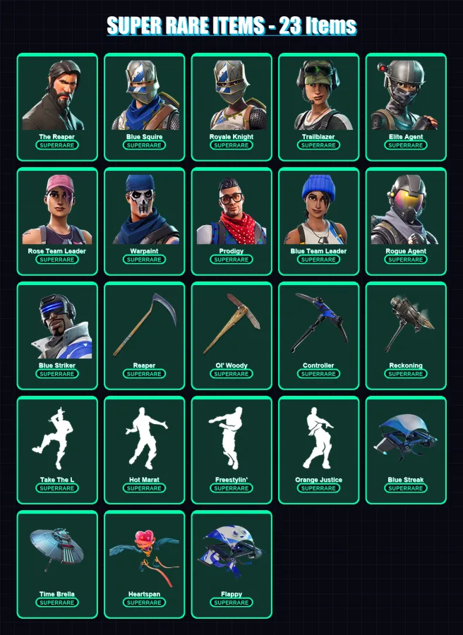 [PC/XBOX/PSN] | The Reaper | Blue Squire | Royale Knight | Trailblazer | Elite Agent | 67 skin | 43 pickaxe | 56 emote | 53 glider | Lv595