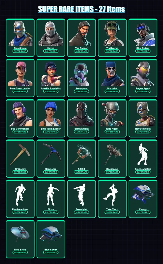 [PC/XBOX/PSN] | Blue Squire | Havoc | The Reaper | Trailblazer | Blue Striker | 85 skin | 75 pickaxe | 86 emote | 70 glider | Lv876
