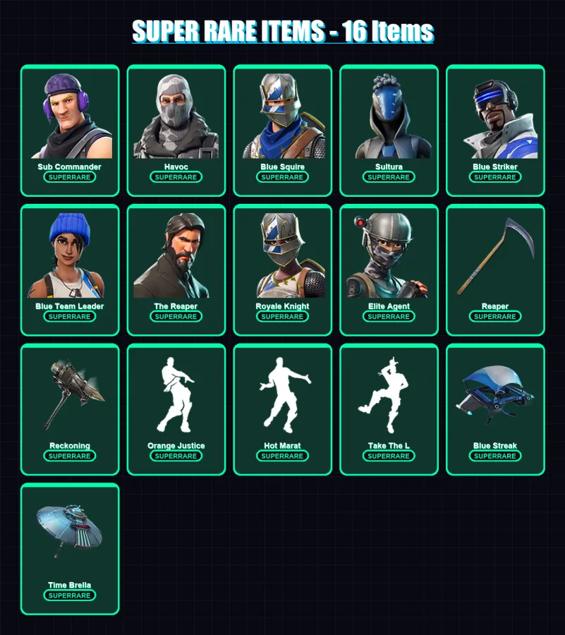 [PS4/PS5/XBOX/PC] | Sub Commander | Havoc | Blue Squire | Sultura | Blue Striker | 98 skin | 93 pickaxe | 76 emote | 89 glider | Lv1230