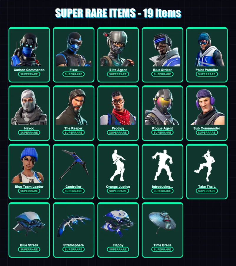 [PS4/PS5/XBOX/PC] | Carbon Commando | Fixer | Elite Agent | Blue Striker | Point Patroller | 33 skin | 61 pickaxe | 41 emote | 52 glider | Lv698