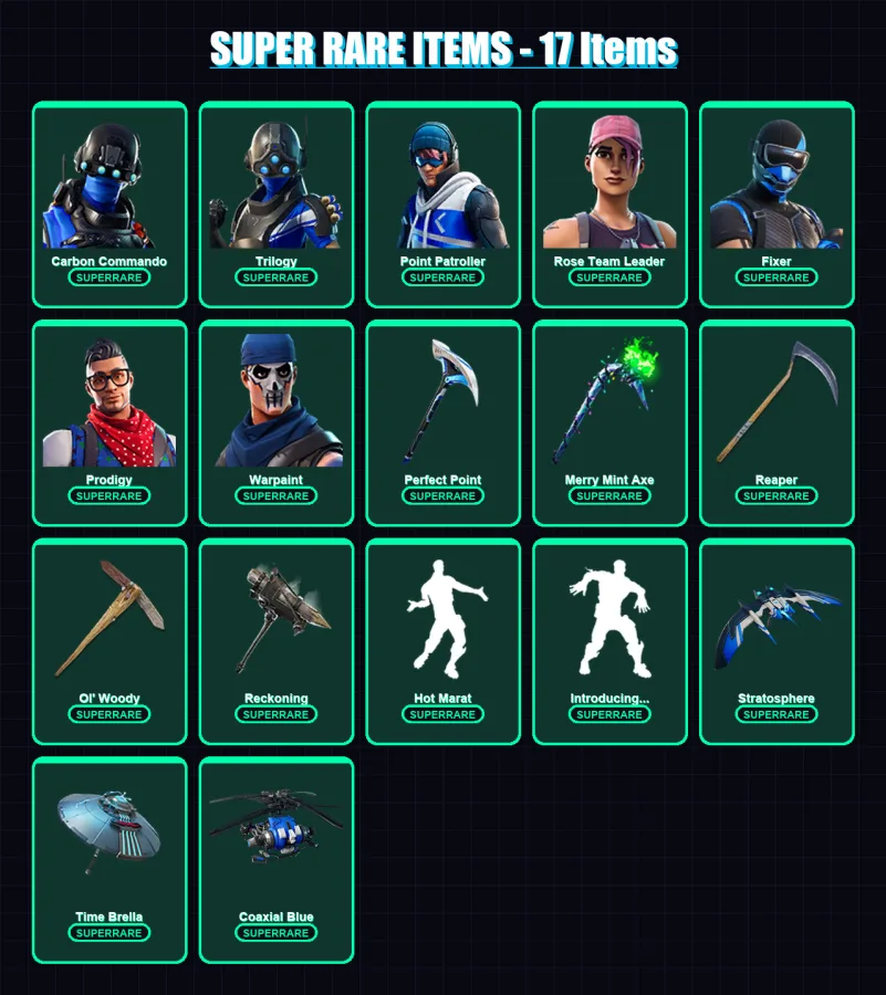 [PS4/PS5/XBOX/PC] | Carbon Commando | Trilogy | Point Patroller | Rose Team Leader | Fixer | 102 skin | 118 pickaxe | 103 emote | 92 glider | Lv1376