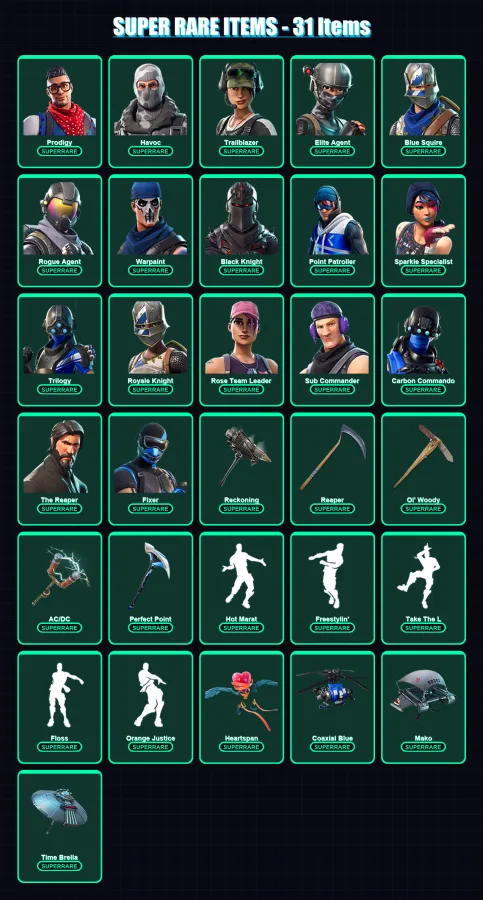 [PC/XBOX] | Prodigy | Havoc | Trailblazer | Elite Agent | Blue Squire | 219 skin | 193 pickaxe | 182 emote | 159 glider | Lv2157