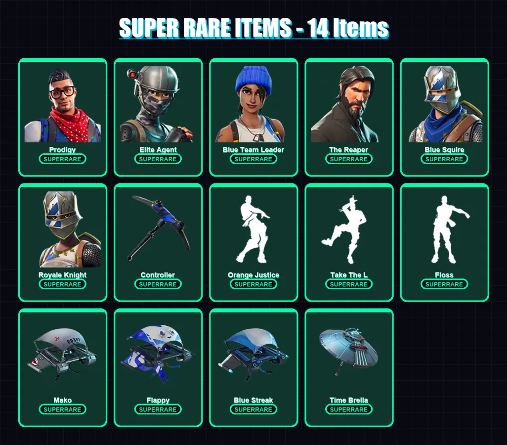 [PS4/PS5/XBOX/PC] | Prodigy | Elite Agent | Blue Team Leader | The Reaper | Blue Squire | 33 skin | 93 pickaxe | 66 emote | 79 glider | Lv1306