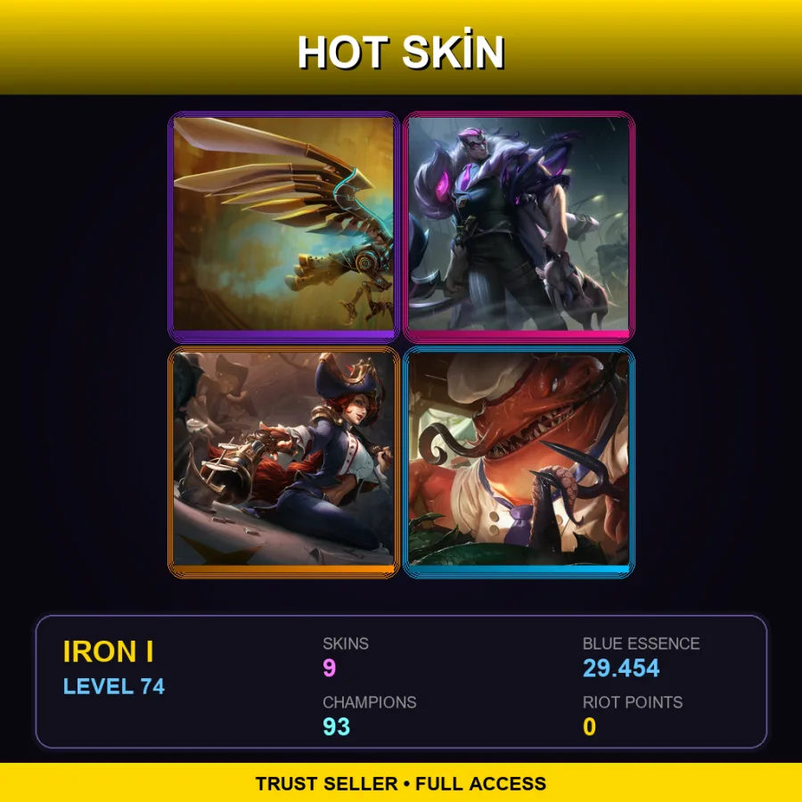 EUW | Hextech Anivia | Crime City Nightmare Darius | Waterloo Miss Fortune | Master Chef Tahm Kench | 9 Skin | 93 Champ | Iron I | Lv74