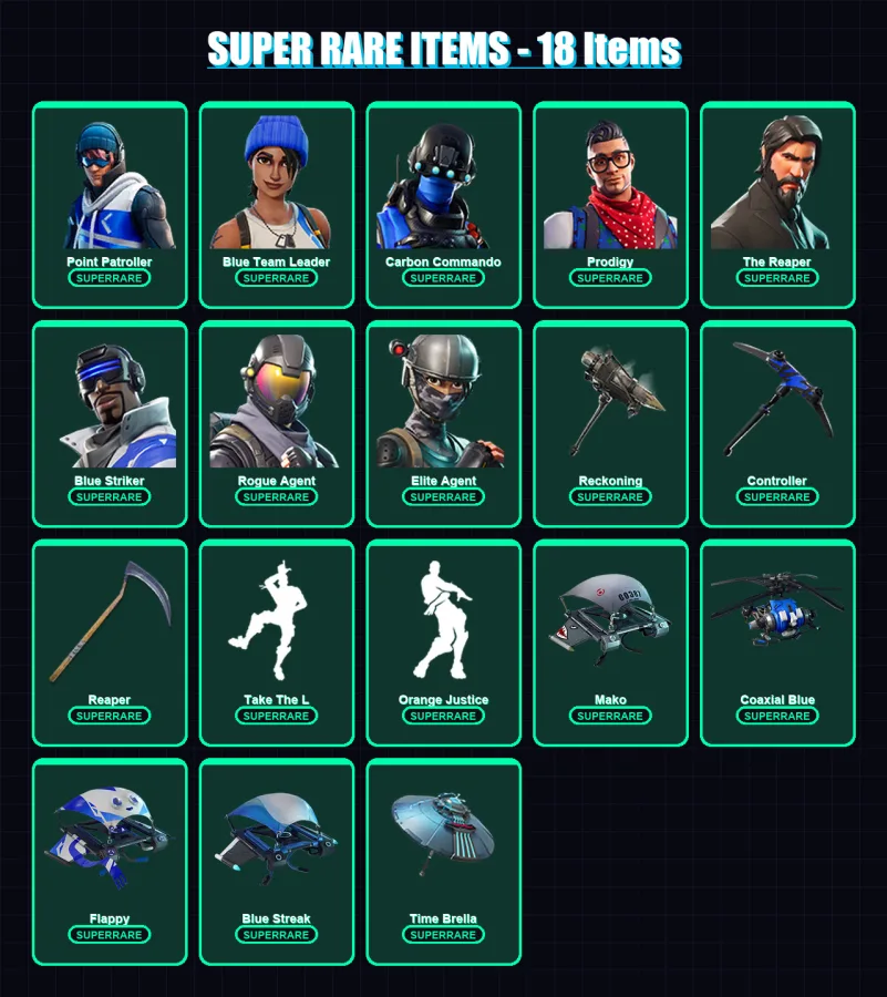 [PS4/PS5/XBOX/PC] | Point Patroller | Blue Team Leader | Carbon Commando | Prodigy | The Reaper | 64 skin | 37 pickaxe | 46 emote | 48 glider | Lv57 — Fortnite account