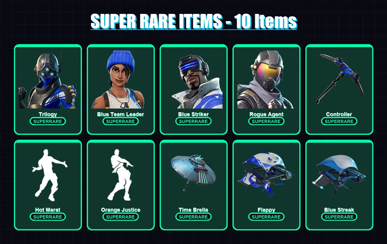 [PS4/PS5/XBOX/PC] | Trilogy | Blue Team Leader | Blue Striker | Rogue Agent | Omega | 38 skin | 31 pickaxe | 44 emote | 46 glider | Lv683