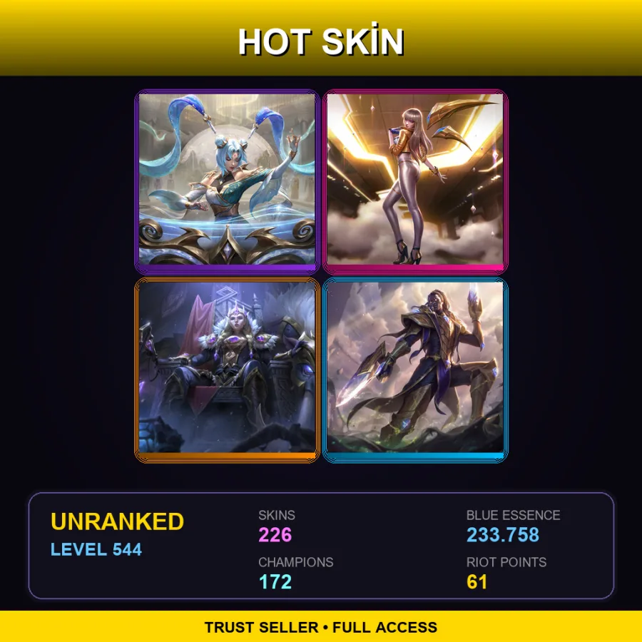 NA | Lv544 | Unranked | 226 Skin | 172 Champ — LoL account