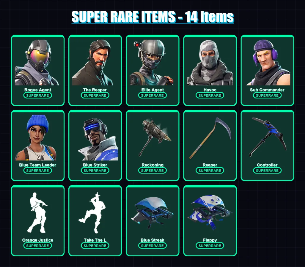 [PC] | Rogue Agent | The Reaper | Elite Agent | Havoc | Sub Commander | 31 skin | 22 pickaxe | 25 emote | 24 glider | Lv298