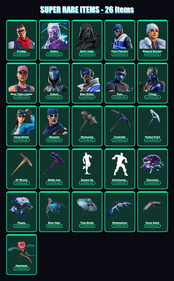 [PS4/PS5/PC] | Prodigy | Galaxy | Darth Vader | Point Patroller | Blizzard Bomber | 280 skin | 309 pickaxe | 213 emote | 233 glider | Lv3061