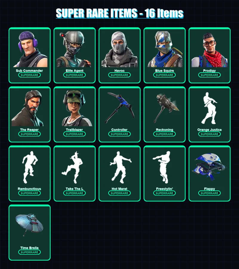 [PS4/PS5/XBOX/PC] | Sub Commander | Elite Agent | Havoc | Blue Squire | Prodigy | 36 skin | 25 pickaxe | 38 emote | 30 glider | Lv275