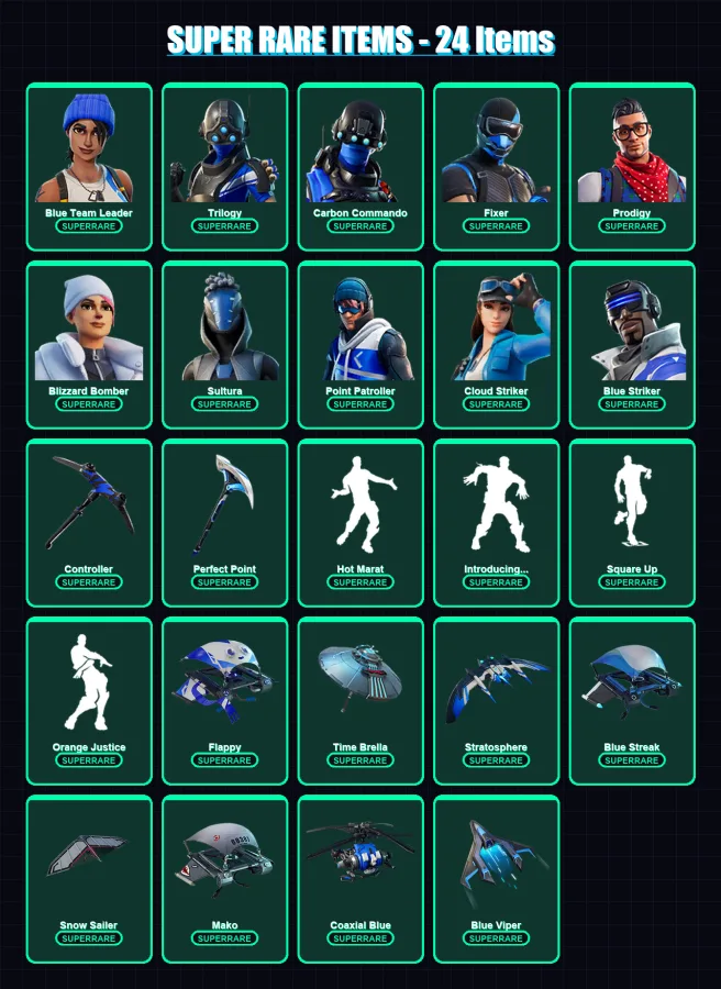 [PS4/PS5/XBOX/PC] | Blue Team Leader | Trilogy | Carbon Commando | Fixer | Prodigy | 84 skin | 111 pickaxe | 85 emote | 118 glider | Lv1415