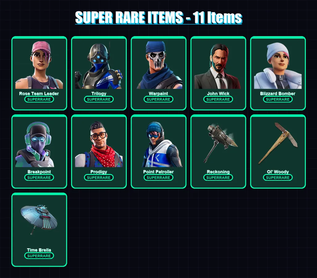 [PS4/PS5/PC] | Rose Team Leader | Trilogy | Warpaint | John Wick | Blizzard Bomber | 60 skin | 61 pickaxe | 79 emote | 66 glider | Lv1054