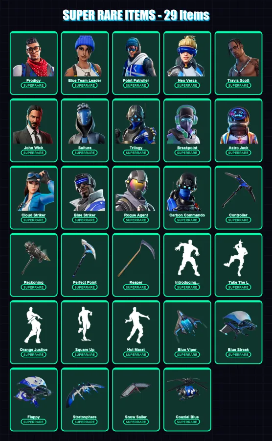 [PC/XBOX] | Prodigy | Blue Team Leader | Point Patroller | Neo Versa | Travis Scott | 280 skin | 136 pickaxe | 135 emote | 112 glider | Lv1785